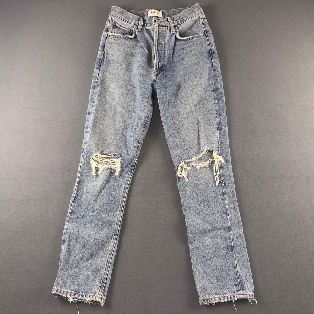 AGOLDE Riley High Rise Straight Leg Distressed Jeans Light Wash Size 24 A056E
